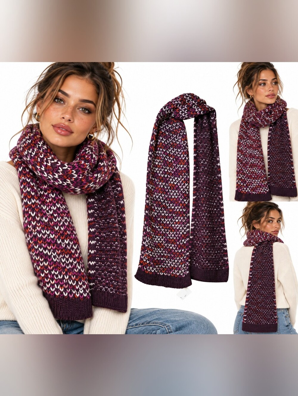 NWT Echo NY Multicolor Chunky Knit Scarf Purple Wide Long Purple White Orange